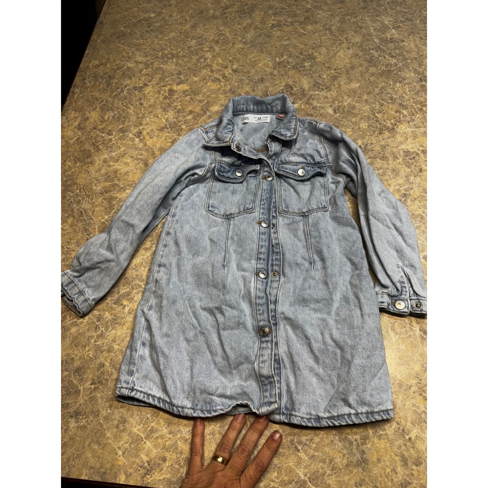 Zara Kids Girls Light Wash Denim Long Sleeve Button Front Shirt Dress Size 4-5